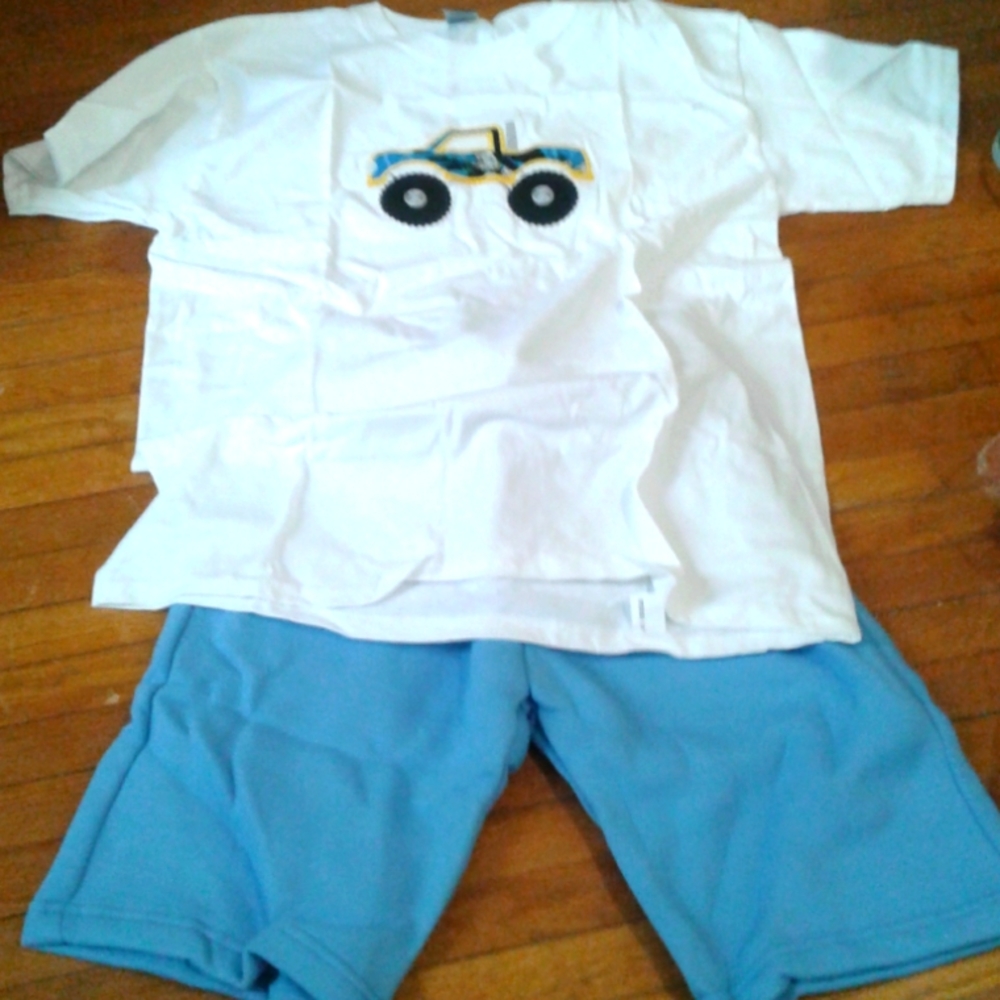 Boys Embroidery truck design on white t shirt and blue shorts